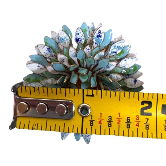 Vtg Gold Tone Enamel Flower Brooch Large Blue Green White Pin Carnation Dahlia - Picture 4 of 5